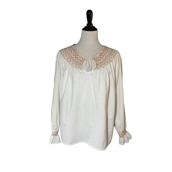Faherty Peasant Blouse Womens L White Laura Embroidered Long Sleeve Boho Top - Picture 1 of 7
